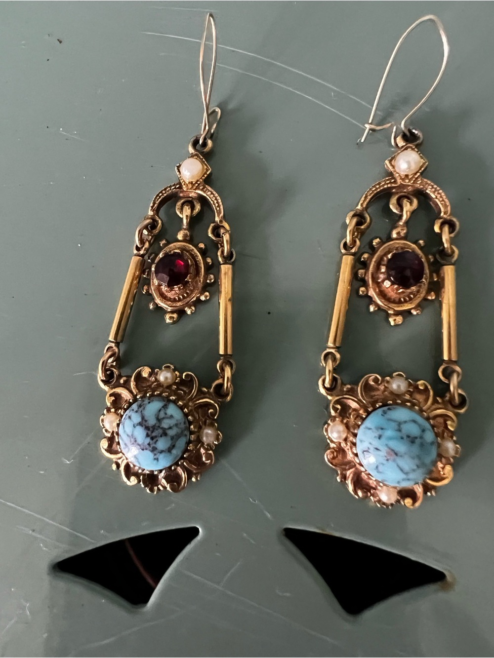 antique-style dangle earrings faux turquoise red stone faux pearl